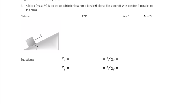 4. A block (mass M) is pulled up a frictionless ramp (angle 0 above flat ground) with tension T parallel to the ramp Picture: FBD AccD Axes?? Equations: Fx - Max - = May-