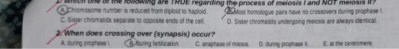 * Wmn one or ne Torrowing are TRUL regarding the process of meiosis I and NOT meiosis 11? A Chromosome number is reduced from