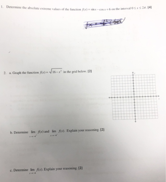 1. Determine the absolute extreme values of the function f(x) Mreme values of the function f(x) = sinx-cos.x+6 on the interva