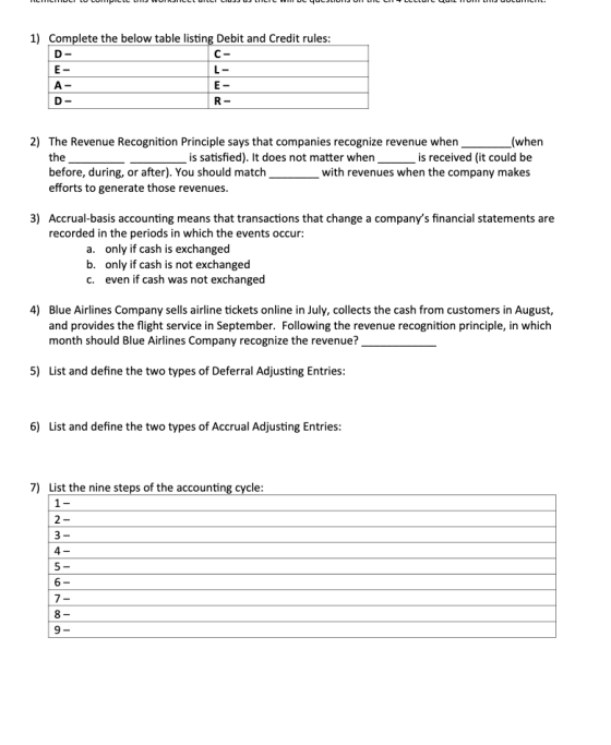 1) Complete the below table listing Debit and Credit rules: C- E L- A- E- D R- 2) The Revenue Recognition Principle says that