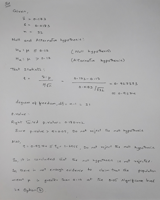 Given, ř= 0.173 $= 0.0183 n = 32 and Alternative hypothesis: Null HoiH s o.17 Haim >0.17 (Noll hypothesis) (Alternative hypot