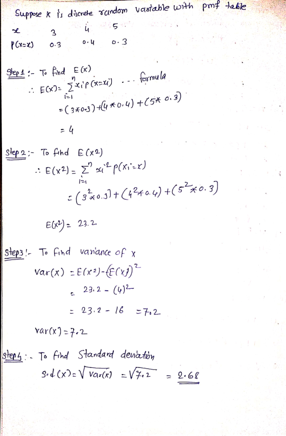 Suppose x is discrete random Valstable with pmf table PCX-X) 0.3 0.4 0.3 . Step 1 :- To find E(X) .: E(X)= = ip(xru) ... form