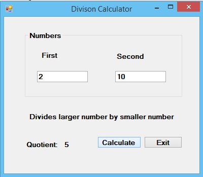 Divison Calculator Numbers First Second 2 10 Divides larger number by smaller number Quotient 5 Calculate Exit