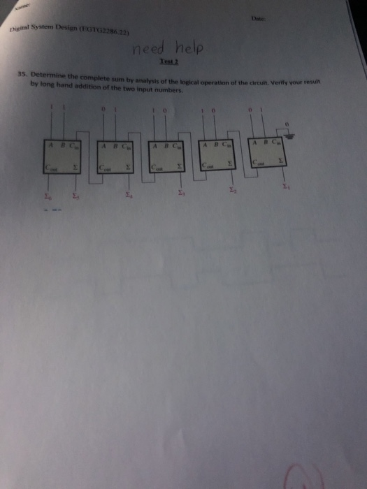 Date igital System Design (EOTG2286 22) need help Iest 2 result 35. Determine the complete sum by analysis of the logical ope