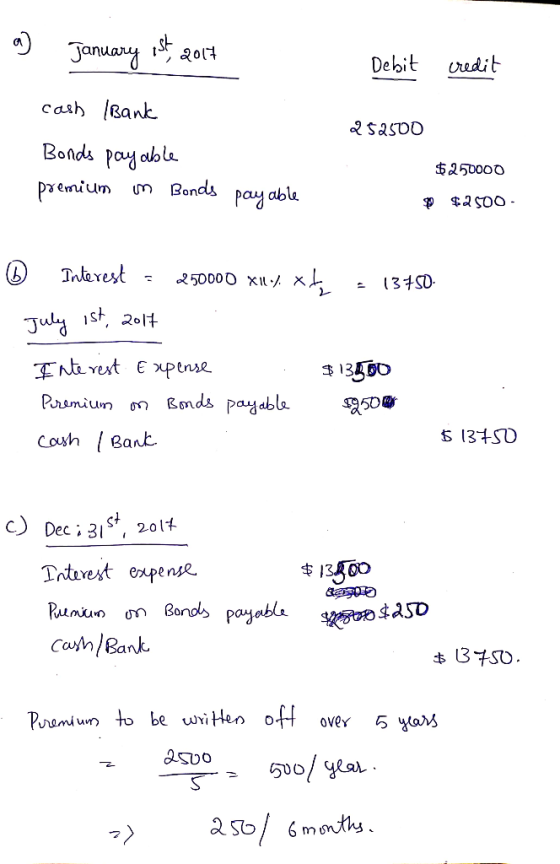 January Debit vedit cash Bank 2sasoo Bonds pay able $250000 Premium m Bonds Раyаble aSoo Tntarest 250000 Xl x (31SD July st 2