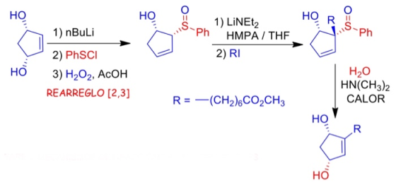 HO HQ 0 1) nBuli Ph 1) LINEt2 HMPA / THE 2) RI 2) PhSCI 3) H2O2, ACOH REARREGLO [2,3] R = -(CH2)6CO2CH3 H2O HN(CH3)2 CALOR HO