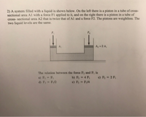 2) A system filled with a liquid is shown below. On the left there is a piston in a tube of cross- sectional area Al with a force FI applied to it, and on the right there is a piston in a tube of cross- sectional area A2 that is twice that of Al and a force F2. The pistons are weightless. The two liquid levels are the same. Ap 2A The relation between the force F and F is a) F-F e) - FM4