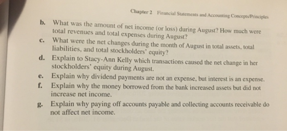 Chapter 2 Financial Statements and Accounting Concepts/Principles c. b. What was the amount of net income (or loss) during Au