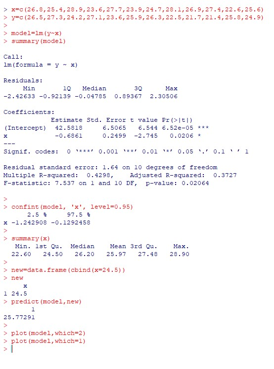 > x=C (26.8,25.4,28.9,23.6,27.7,23.9,24.7,28.1,26.9,27.4,22.6,25.6) > y=c (26.5, 27.3, 24.2, 27.1,23.6,25.9,26.3, 22.5,21.7,2