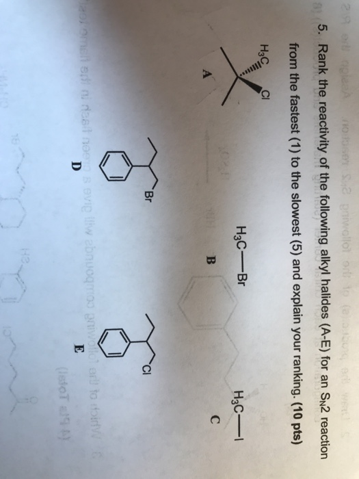5. Rank the reactivity of the following alkyl halides (A-E) for an SN2 reaction from the fastest (1) to the slowest (5) and explain your ranking. (10 pts) H3C-Br Br Ci