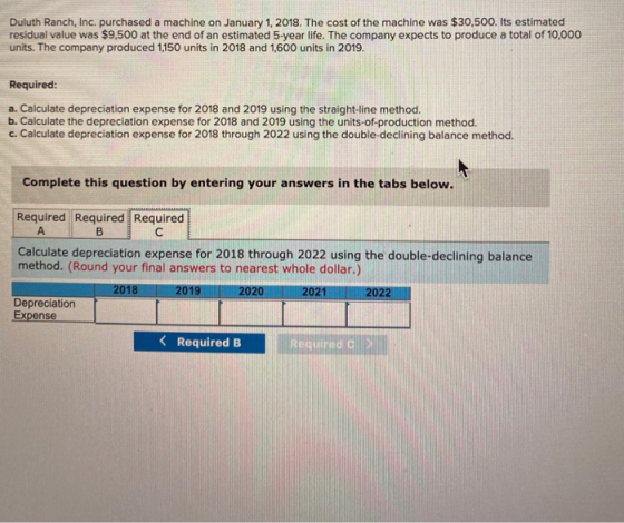 Duluth Ranch, Inc. purchased a machine on January 1, 2018. The cost of the machine was $30,500. Its estimated residual value