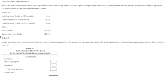 Production Report, Weighted Average Manzer Inc. manufactures bicycle frames in two departments: cutting and welding. Manzer u