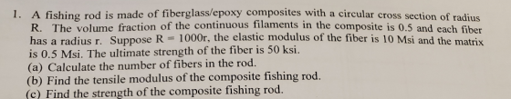 1. A fishing rod is made of fiberglass/epoxy composites with a circular cross R. The volume fraction of the continuous filame