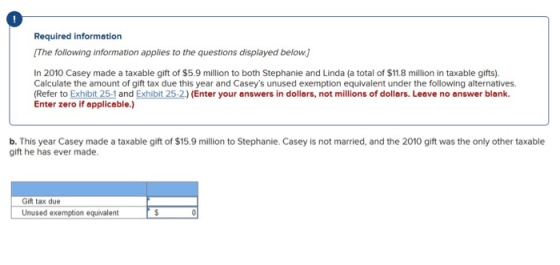 Required information (The following information applies to the questions displayed below) In 2010 Casey made a taxable gift o