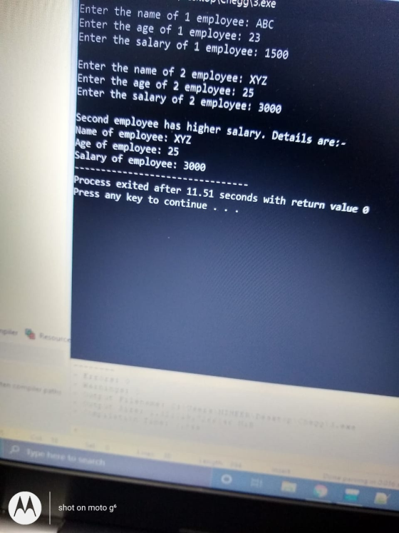 99\5.exe Enter the name of 1 employee: ABC Enter the age of 1 employee: 23 Enter the salary of 1 employee: 1500 Enter the nam