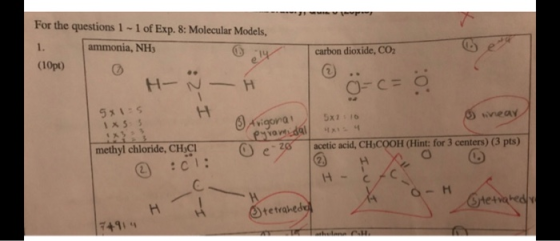 For the questions 1 1 of Exp. 8: Molecular Models, indan ammonia, NH 1. carbon dioxide, CO2 (10pt) H- 5x1-5 1x5 Avigona Pavar