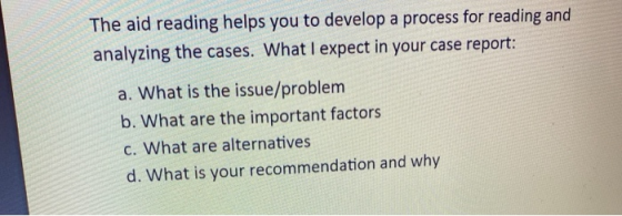 The aid reading helps you to develop a process for reading and analyzing the cases. What I expect in your case report: a. Wha