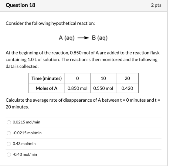 Question 18 2 pts Consider the following hypothetical reaction: A (aq) B (aq) At the beginning of the reaction, 0.850 mol of