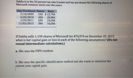 Dahlia is in the 32 percent tax rate bracket and has purchased the following shares of Microsoft common stock over the years: