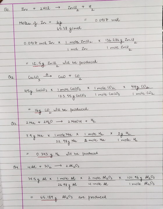 Q1. zw + 2HCl → Zull + Zn + 2HCl → z Moles of Zn = = 0.0917 mal 6g 65.38 glmal 0.0917 mol Zn x X I mole znil, I mol zu 136.28