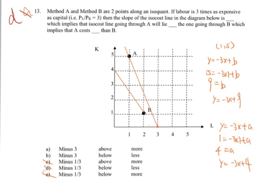 13. Method A and Method B are 2 points along an isoquant. If labour is 3 times as expensive as capital (i.e. Pu/PK-3) then the slope of the isocost line in the diagram below is which implies that isocost line going through A w le the one going through B which implies that A coststhan B LI,S 104... yxtb above below above below below a) Minus 3 more less more Minus 3 Minus 1/3 Minus 1/3 Minus 1/3 more