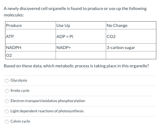 A newly discovered cell organelle is found to produce or use up the following molecules: Produce Use Up No Change ATP ADP + P
