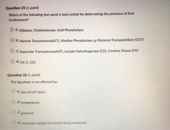 Question 25 (1 point) Which of the following test panel is best suited for determining the presence of liver involvement? a)