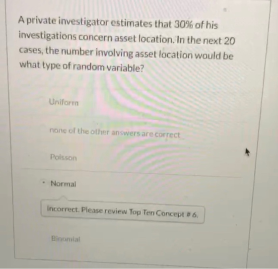 A private investigator estimates that 30% of his investigations concern asset location. In the next 20 cases, the number invo
