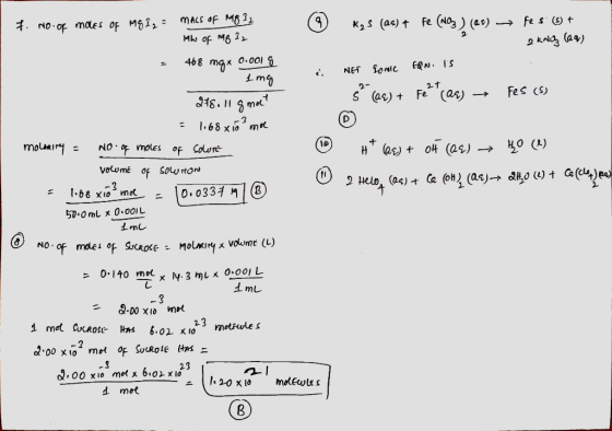 ☺ 7. no. of males of MQ I ₂ = mass of Mg I2 Mw of raq Iz = 468 mg x 0.001g KzS () + Fe (NO3) (28) fe s (+ . 2 kalią (aa) NEI