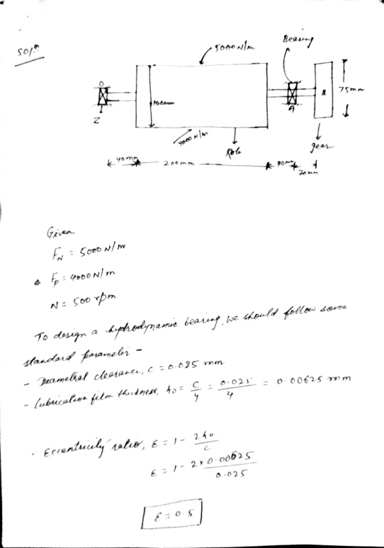 sop. Braing Jo00 NIm Jeer 200mm Gaiven tr= S000N/m %3D * 6- 4000 N/ m N: 500 rpm To design a hiphodynamie bearing, we should