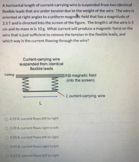 A horizontal length of current-carrying wire is suspended from two identical flexible leads that are under tension due to the