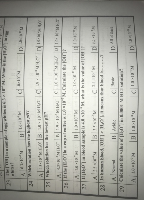 10- M. What is the [H30] in egg 23 The [OH) in a sample of egg whites is 6.3 x 10M. What is the le IUM whites? A 6.3x10 M B