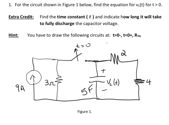 1. For the circuit shown in Figure 1 below, find the equation for vc(t) fort>0. Extra Credit: Find the time constant (T) and