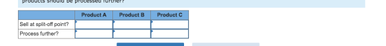 prouucts should be processeu Turnier Product Product B Product C Sell at split-off point? Process further?