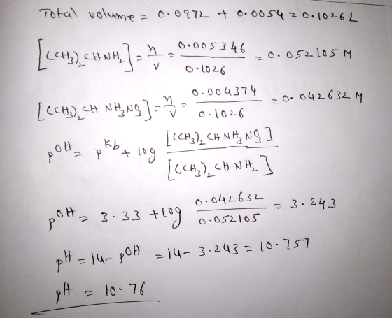 Total volume a 0.0972 t o. 0054 = 0.1026L - 46 -0.052185M 0.1026 0.004374 .= 0.042632M [<c13).*wm.] [CCH; CH NH₂ Ng ]=- 0.102