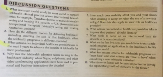 DISCUSSION QUESTIONS telehealth clinical practice across international bound- aries; for example, Canadian doctors or nurses