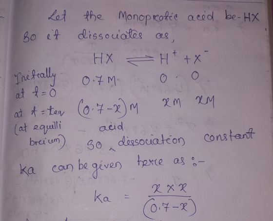 I Let the monoprofic acid be-HX 80 et dissociates as HX -H + + x Tretially 0 0 1 0 out 0 0 at fro at of = teq (0.7-2M RM RM (