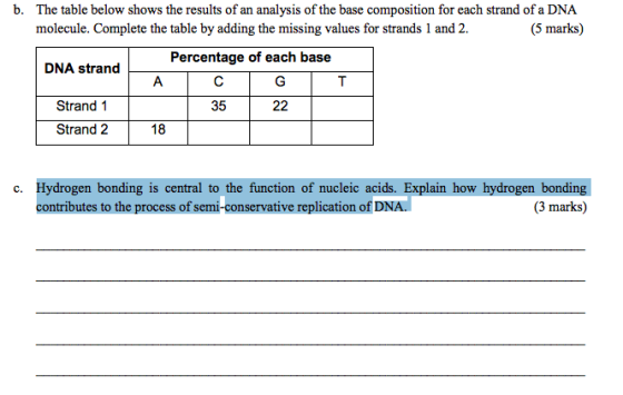 b. The table below shows the results of an analysis of the base composition for each strand of a DNA molecule. Complete the t