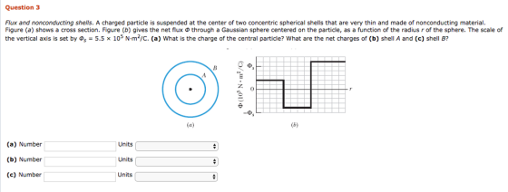 Question3 Flux and nonconducting shells. A charged particle is suspended at the center of two concentric spherical shells that are very thin and made of nonconducting material Figure (a) shows a cross section. Figure (b) gives the net flux Φ through a Gaussian sphere centered on the particle, as a function of the radius r of the sphere. The scale of the vertical axis is set by Ds = 5.5 × 105 N·m2/C. (a) what is the charge of the central particle? what are the net charges of (b) shell A and (c) shell B? 0 -Ф (a) Number (b) Number (c) Number Units Units Units