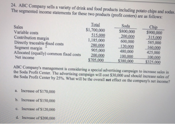 24. ABC Company sells a variety of drink and food products including potato chips and sodas The segmented income statements f
