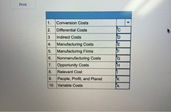 Print 1. 3 Conversion Costs 2. Differential Costs Indirect Costs 4. Manufacturing Costs Manufacturing Firms 6. Nonmanufacturi