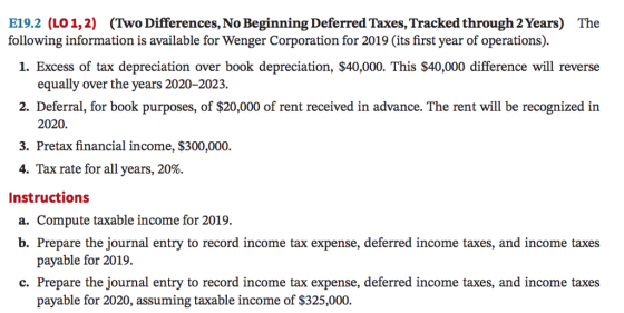 E19.2 (LO 1,2) (Two Differences, No Beginning Deferred Taxes, Tracked through 2 Years) following information is available for Wenger Corporation for 2019 (its first year of operations). The 1. Excess of tax depreciation over book depreciation, $40,000. This $40,000 difference will reverse equally over the years 2020-2023 2. Deferral, for book purposes, of $20,000 of rent received in advance. The rent will be recognized in 2020. 3. Pretax financial income, $300,000. 4. Tax rate for all years, 20%. Instructions a. Compute taxable income for 2019. b. Prepare the journal entry to record income tax expense, deferred income taxes, and income taxes payable for 2019. c. Prepare the journal entry to record income tax expense, deferred income taxes, and income taxes payable for 2020, assuming taxable income of $325,000.