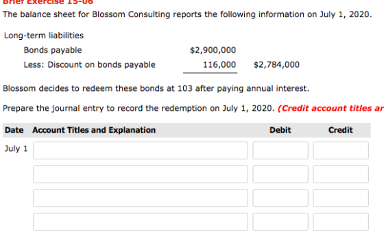 The balance sheet for Blossom Consulting reports the following information on July 1, 2020. Long-term liabilities Bonds payab