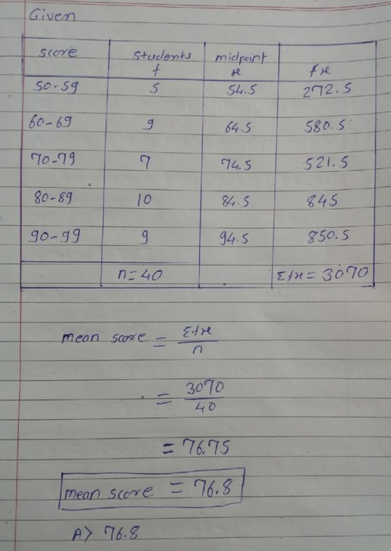 Given ーS(ere l Students midpoint 5o-59 6o- 69 1o-19 80-89 90-g9 S4.S 64.5 14.5 212.5 58o. s 521.5 7 lo 45 845 850.5 mean sone