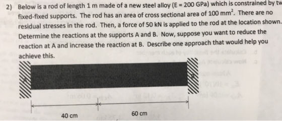 2) Below is a rod of length 1 m made of a new steel alloy (E - 200 GPa) which is constrained by tw fixed-fixed supports. The