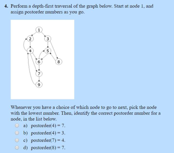 4. Perform a depth-first traversal of the graph below. Start at node 1, and assign postorder numbers as you go. Whenever you