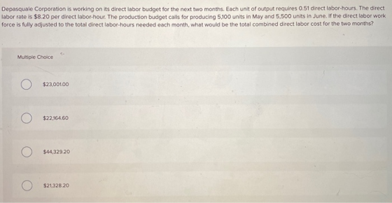 Depasquale Corporation is working on its direct labor budget for the next two months. Each unit of output requires 0.51 direc