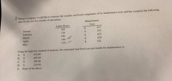 Donner Company would like to estimate the variable and fixed components of its maintenance costs and has compiled the followi