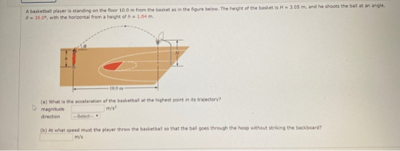 A basketball player is standing on the floor 100 m from the basket as in the figure below. The height of the basket is H - 3.