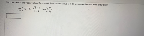 Find the limit of the vector-valued function at the indicated value of t. (If an answer does not exist, enter DNE.) ſe-2 lim